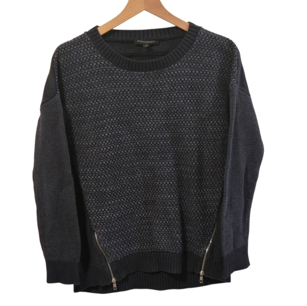 Banana Republic Navy Blue Knit Crewneck Preppy Size Zipper Sweater Size Medium